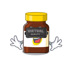 A cartoon image of bottle vitamin c using modern Virtual Reality headset