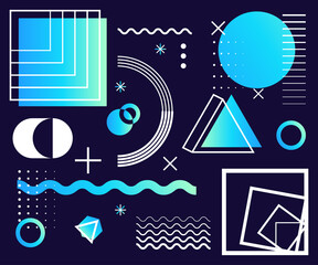 Universal trend halftone geometric shapes set juxtaposed with bright bold gradient elements composition. Design elements for Magazine, leaflet, billboard, sale, advertising and promotion