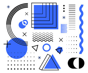 Universal trend halftone geometric shapes set juxtaposed with bright bold gradient elements composition. Design elements for Magazine, leaflet, billboard, sale, advertising and promotion