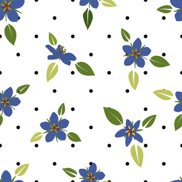 Blue pimpernell floral, flat design, vector illustration, with black polka dots background, seamless pattern