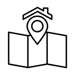 map and location pin and house roof icon, line style