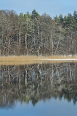 Krajobraz. Zima. Jezioro i las. Polska - Mazury - Warmia. © Rafa