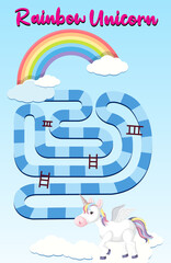 Rainbow unicorn board game template for preschool kids