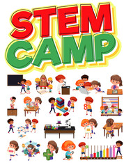 Stem camp logo and set of children with education objects isolated