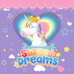 Sweet dreams logo with cute unicorn head on purple background