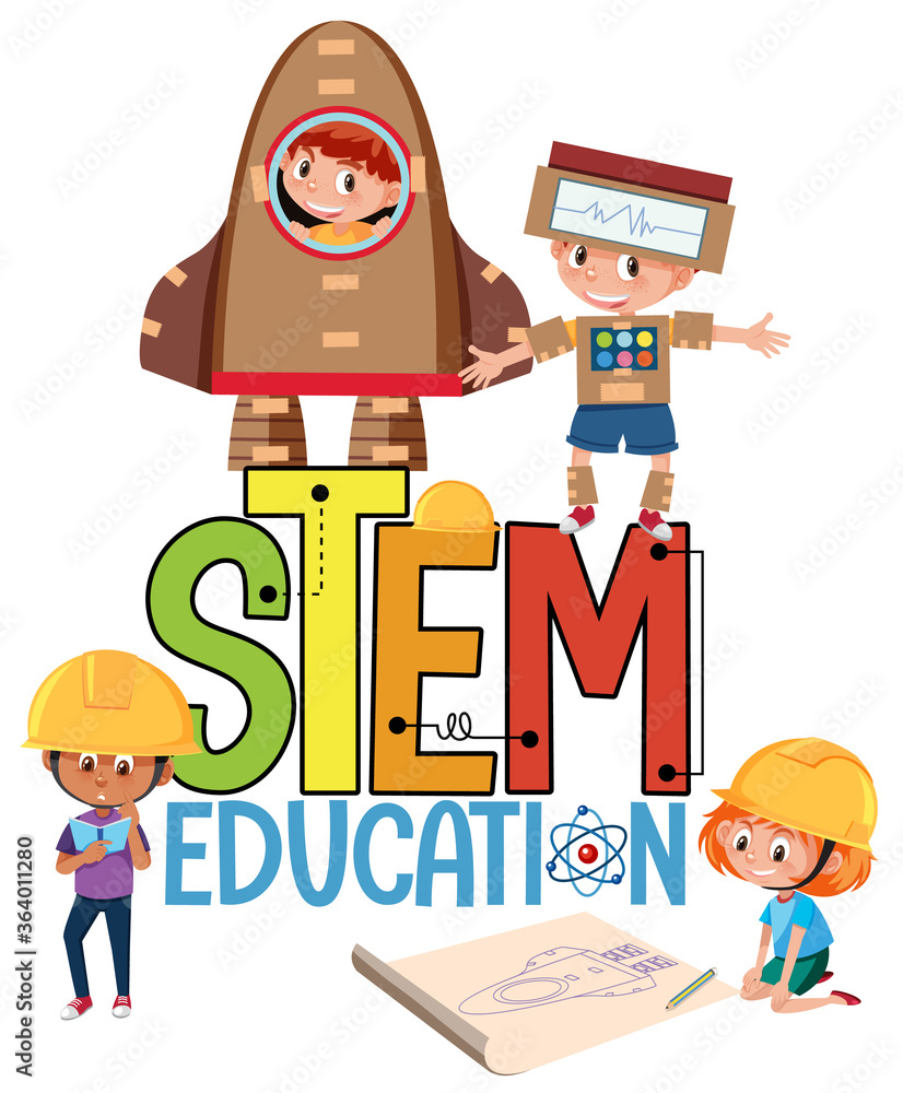 Sticker Stem education logo with kids wearing engineer costume isolated