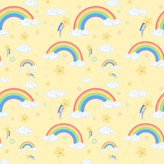 Seamless rainbow with cloud and star pattern on yellow background
