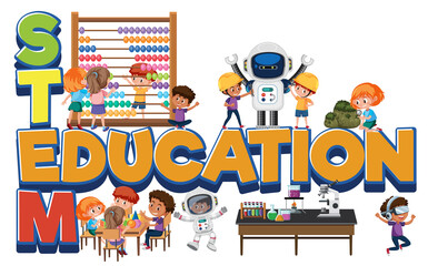 Stem education logo with kids in many education activities isolated