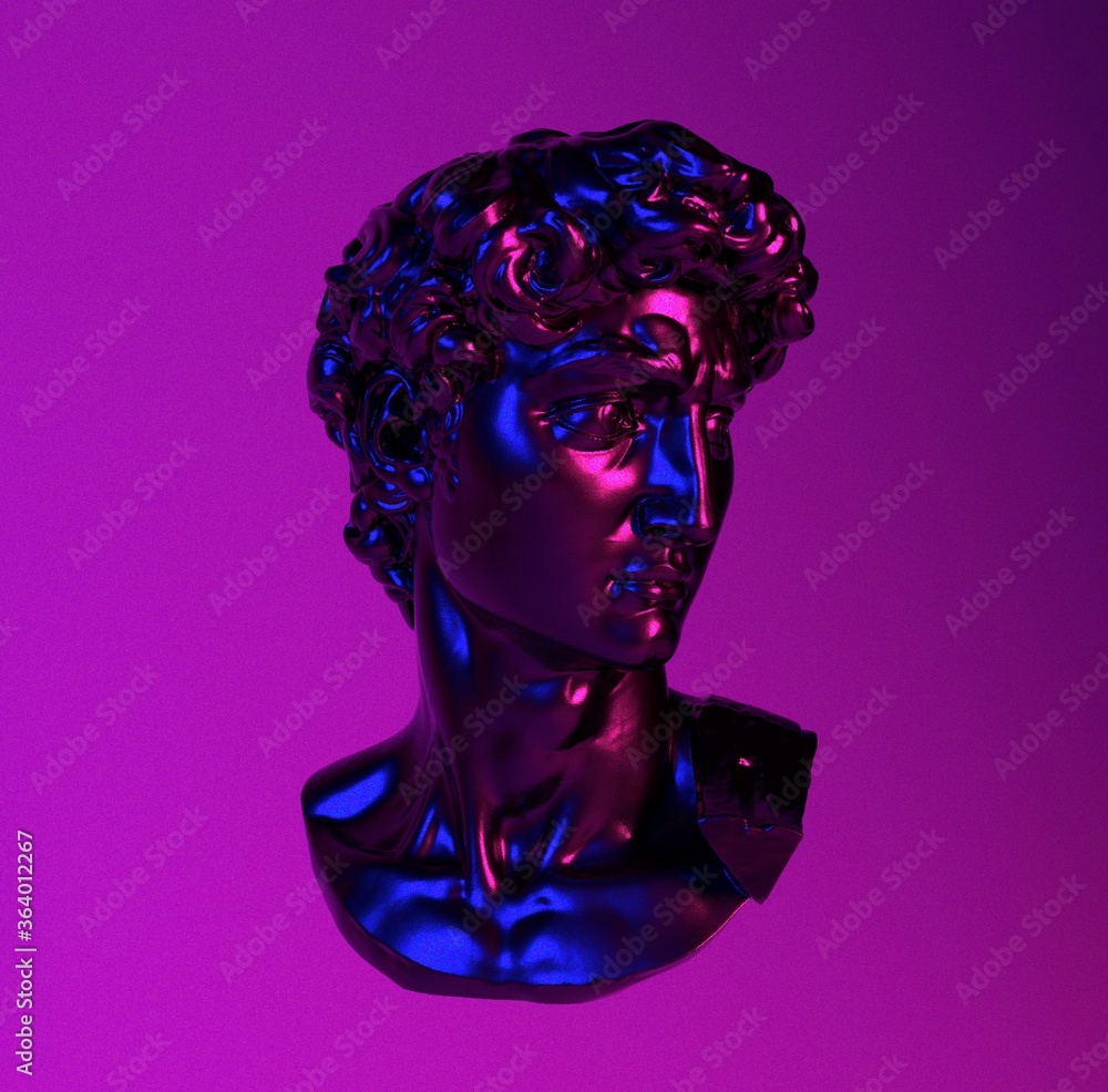 Poster 3D rendering of Michelangelo's David head in neon lightning. Classical sculpture in vaporwave retrofuturistic style.