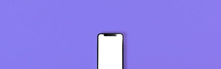 Blank smartphone on purple background. Photo.  紫背景の上に置かれたスマホのブランク素材  写真
