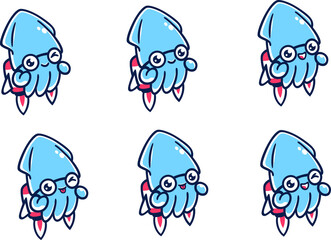 Set of Cute Squid Character with Emotions