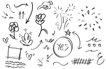 Vector hand drawn collection of curly arrow. swishes, swoops, swirl, heart, scribble, crown, leaf, star, hands, highlight text and emphasis element, on white background, use for concept design