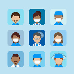 Set of doctor and surgeon avatars flat design vector illustration