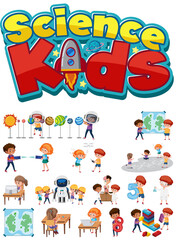 Science kids logo and set of children with education objects isolated