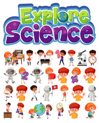 Fototapeta premium Explore science logo and set of children with education objects isolated