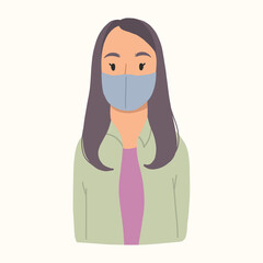 Yong girl in face mask to prevent virus. Vector hand drawn illustration.