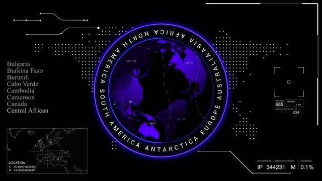 HUD futuristic technological screen.Continents and list of countries world map and abstract numbers with infographic.Blue
