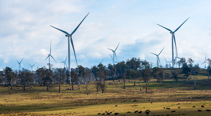 A wind turbine on the Cattle Hill Wind Farm in Tasmanian dominates the skyline as you approach Waddamana. © Clive