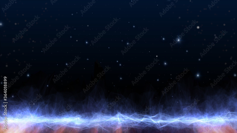 Poster planet low poly land science space fiction texture background. shiny glow stars falling to wondering