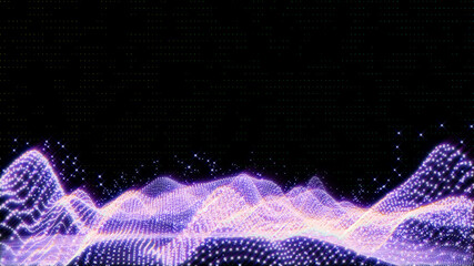 Futuristic Net Wireframe Mountain Form Aurora Light In Galaxy Graphic Design. 3D Rendering Valley Hill With Realistic Beautiful Swirl Wave Digital Technology.