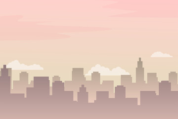 Vector of city skyline view in the morning with pink color suitable for background or illustration. Beautiful urban landscape vector  
