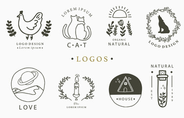 Beauty occult logo collection with hand, flower,house,cat,mountain.Vector illustration for icon,logo,sticker,printable and tattoo