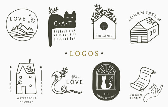 Beauty occult logo collection with hand, flower,house,cat,mountain.Vector illustration for icon,logo,sticker,printable and tattoo