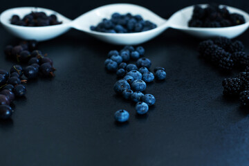 Set of different types of black berries in a white plate on a black table. Stylish seasonal vitamins