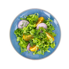 Vegetable dishes, fitness menu. Blue plate with salad on white background.