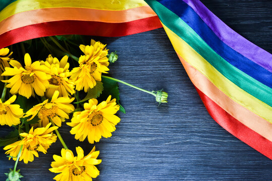 Flag movement of gay parades from ribbons and a bouquet of flowers. emblem of homosexuality. flag of pride. LGBT rights concept.