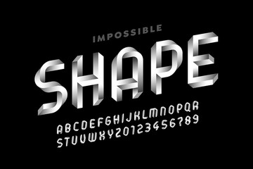 Impossible shape style font, alphabet letters and numbers