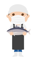 カツオを持っている魚屋さんのイラスト。マスクをしてる男性。