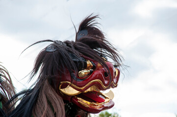 日本の秋祭りの灘のけんか祭り獅子舞のクローズアップ