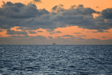 Sakhalin island. Drilling platform at sea. Fall. Around the icy water of the Sea of Okhotsk.