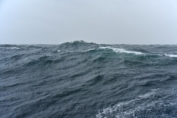 High waves on the high seas. Inside a typhoon in the Pacific Ocean. The hard work of sailors.