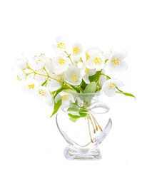 Small glass vase with white flowers. Photo