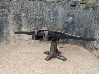 Castelnaud-la-chapelle, Dordogne, France - Jully 3 2020: Antique crossbows medieval weapon...
