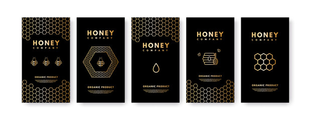 Raster set of social media stories Honey gold gradient honey bee, honeycombs, honey stick, beehive. Design templates, backgrounds, banners, blanks, posters, advertising. On black background. - obrazy, fototapety, plakaty