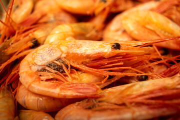 Cooked Atlantic shrimps. Close up. A traditional food of coastal cuisine.