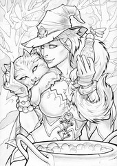 Coloring Page illustration. Witch and her cat and a love potion.