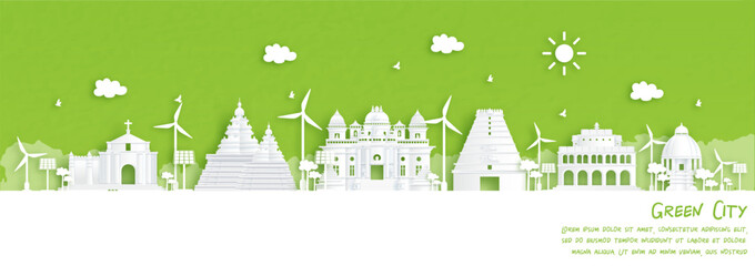 Green city of Chennai, India. Environment and ecology concept in paper cut style. Vector illustration. - obrazy, fototapety, plakaty