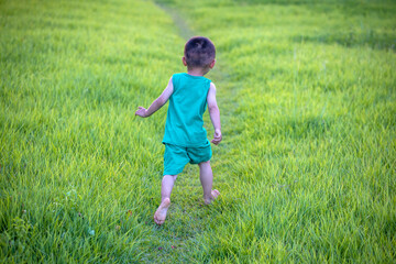 A two-year-old boy in a green vest is playing