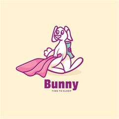 Vector Logo Illustration Bunny Sleeping Time Simple Mascot Style.