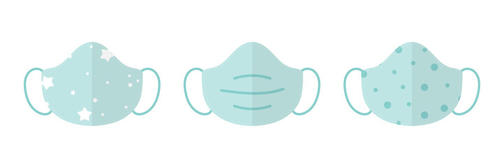 Set, collection of turquoise cloth masks, sheet masks for face with various ornaments.
