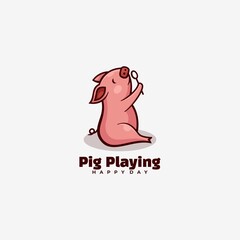 Vector Logo Illustration Pig Playing Simple Mascot Style.