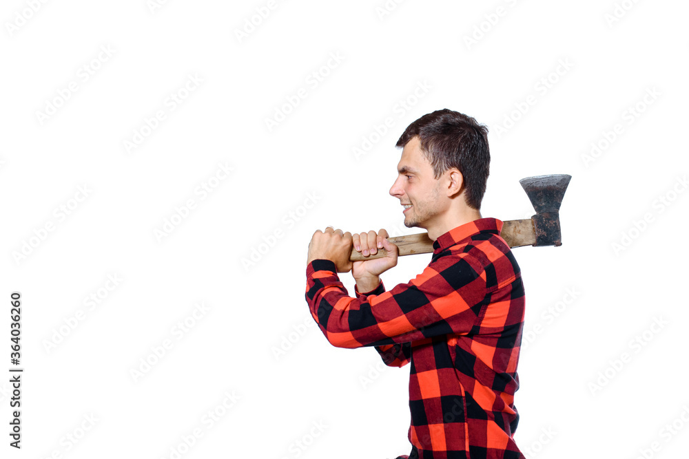 Wall mural man in checkered shirt woodcutter holding an axe and smile isolated on white background