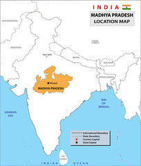 Madhya Pradesh Map. Political and administrative map of Madhya Pradesh with districts name. Showing International and State boundary and district boundary of Madhya Pradesh. Vector  of districts map.