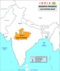 Naklejka premium Madhya Pradesh Map. Political and administrative map of Madhya Pradesh with districts name. Showing International and State boundary and district boundary of Madhya Pradesh. Vector of districts map.