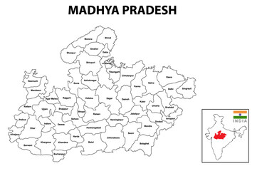 Madhya Pradesh Map. Political and administrative map of Madhya Pradesh with districts name. Showing...