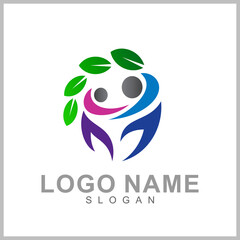 Human with leaf logo concept, medical clinic, healthy family logo, people health care and medicine vector illustration